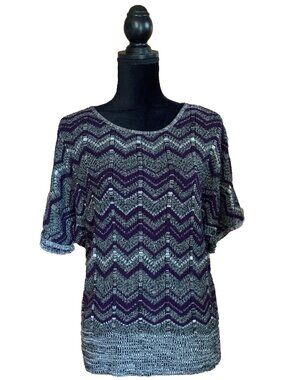 AGB Women Shirt Petite Large Purple Black Grey Gray White Zigzag Striped